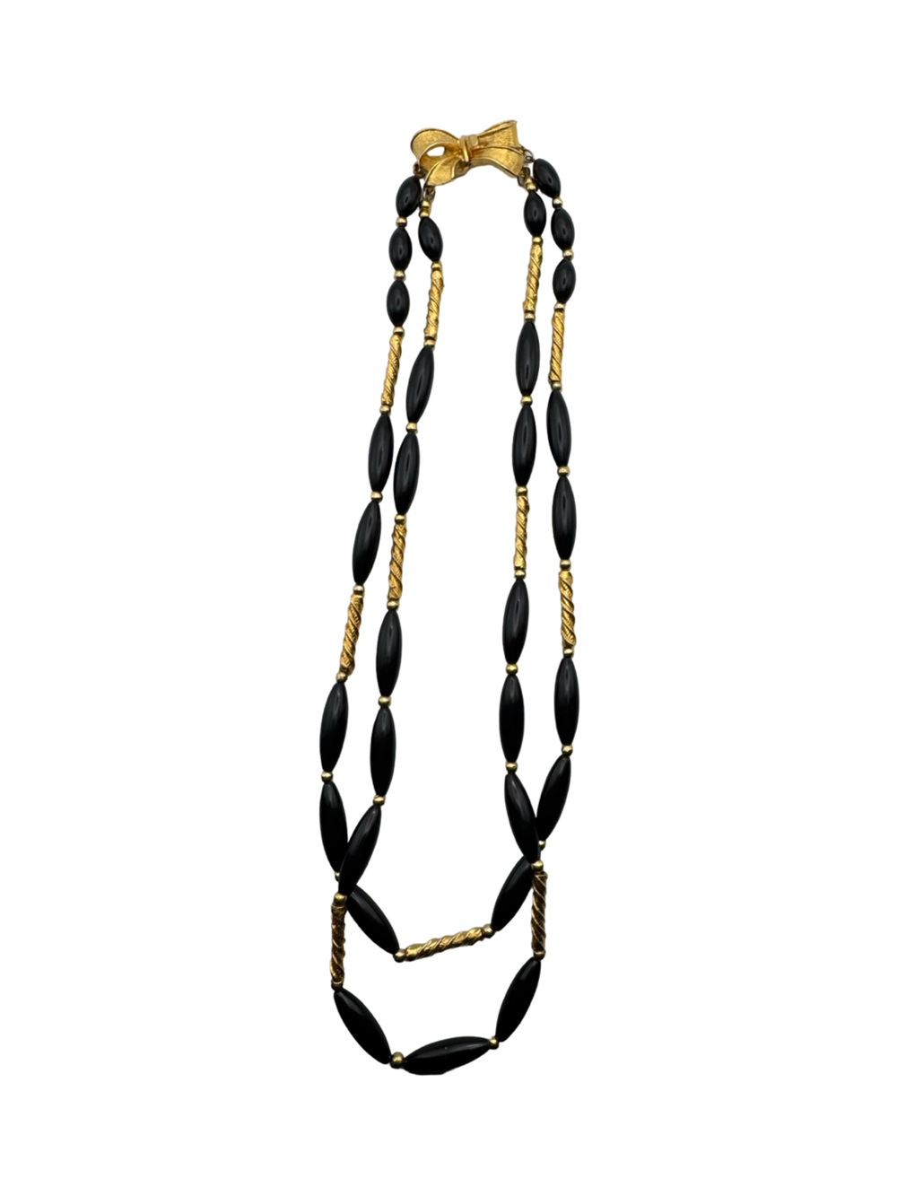 Vintage Coro Gold Tone Black Bead Double Strand Bow Clasp Necklace